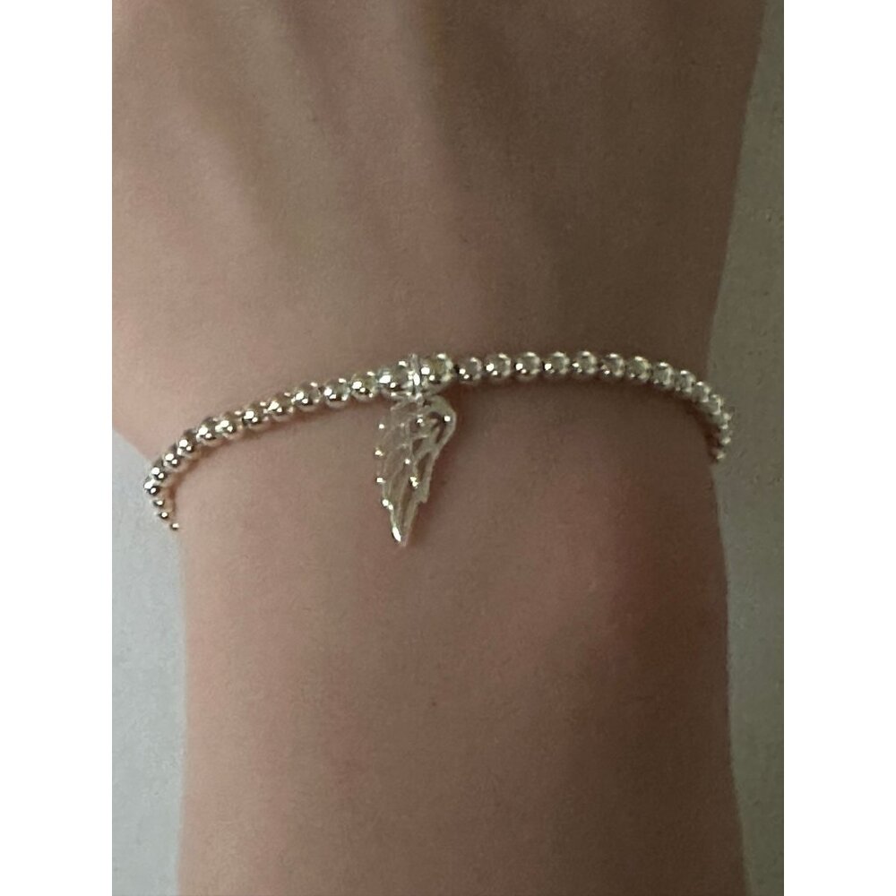 925 Sterling Silver Beaded Stretch Stacking Bracelet Wing Charm Minimalist S7" - Picture 2 of 6